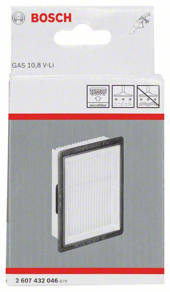 Una scatola con filtro di ricambio BOSCH per dispositivi GAS 10,8 V-Li, che mostra l'immagine del prodotto del microfiltro e ne illustra la compatibilità.
