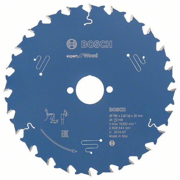 Lama da sega in metallo blu con logo Bosch, specificamente per il legno. Specifiche e informazioni del produttore sono raffigurate sulla superficie.