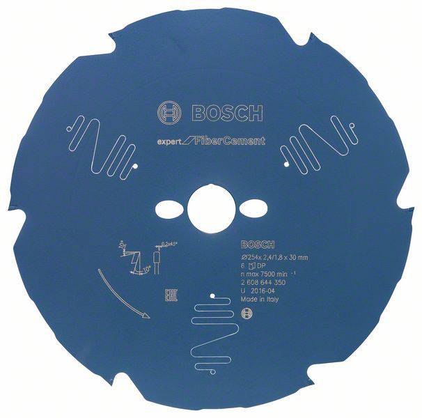 Lama per sega blu Bosch, speciale per fibrocemento. 232x2,4/1,8x30 mm. Velocità 7500 min-1. Prodotto in Italia.