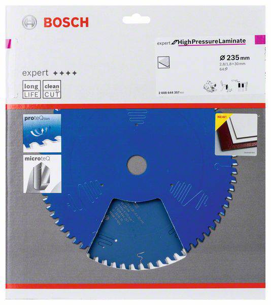 Una confezione Bosch Expert per lama da taglio per laminato ad alta pressione. Mostra una lama blu del diametro di 235 mm con specifiche tecniche del prodotto.