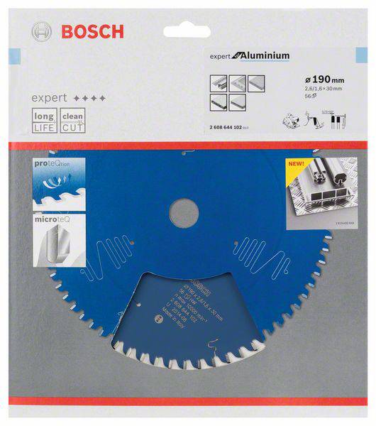 'Lama Bosch per alluminio, diametro 190 mm. La confezione mostra i dettagli del prodotto ed è adatta agli esperti. Tecnologia Micro e ProteCoat pubblicizzata.'