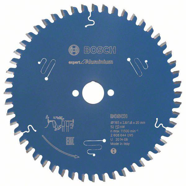 Lama circolare con la scritta 'Bosch Expert Aluminium'. Superficie blu, bordo con dentatura per un taglio efficiente dell'alluminio.