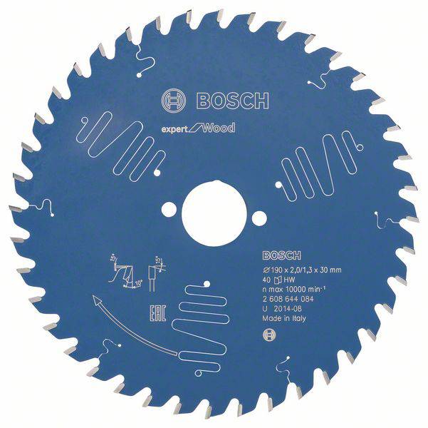 'Lama da sega per legno Bosch, diametro 190 mm, 40 denti, velocità massima 10.000 giri/min, Made in Italy, idoneo per tagli precisi.'