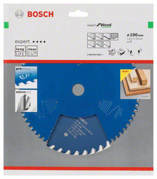 'Bosch lama per sega per legno, lunga durata e taglio netto, lama blu con tecnologie ProteQtion e MicroteQ, diametro 190 mm.'