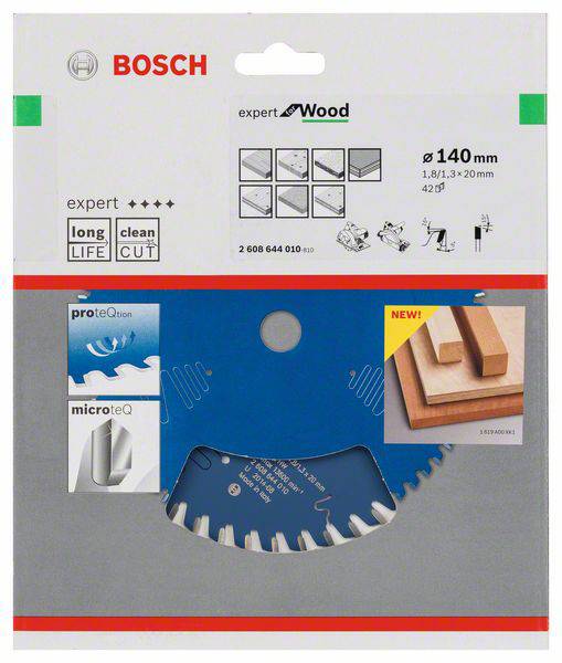 Confezione di una lama circolare Bosch per legno, ø 140 mm, con pittogrammi relativi alla durata e alla qualità del taglio.