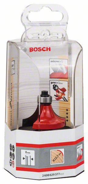 Un fresa-trapano Bosch in una confezione trasparente. Il trapano è rosso, con un contrassegno di 8 mm e un raggio di 12,7 mm.
