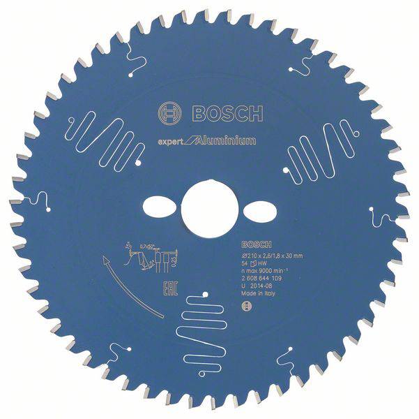 Lama per sega circolare Bosch per alluminio, rivestita in blu, con 96 denti e dettagli tecnici come diametro e velocità di rotazione stampati.