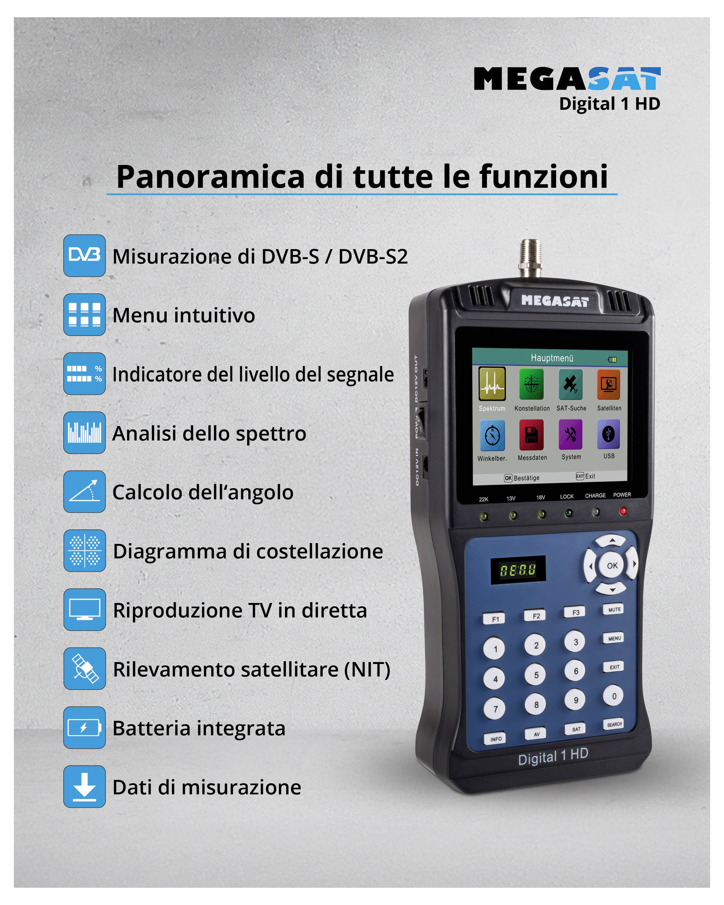 Dispositivo portatile con display, tasti e funzioni per la misurazione dei segnali TV digitali. Testo: 'Panoramica di tutte le funzioni'.