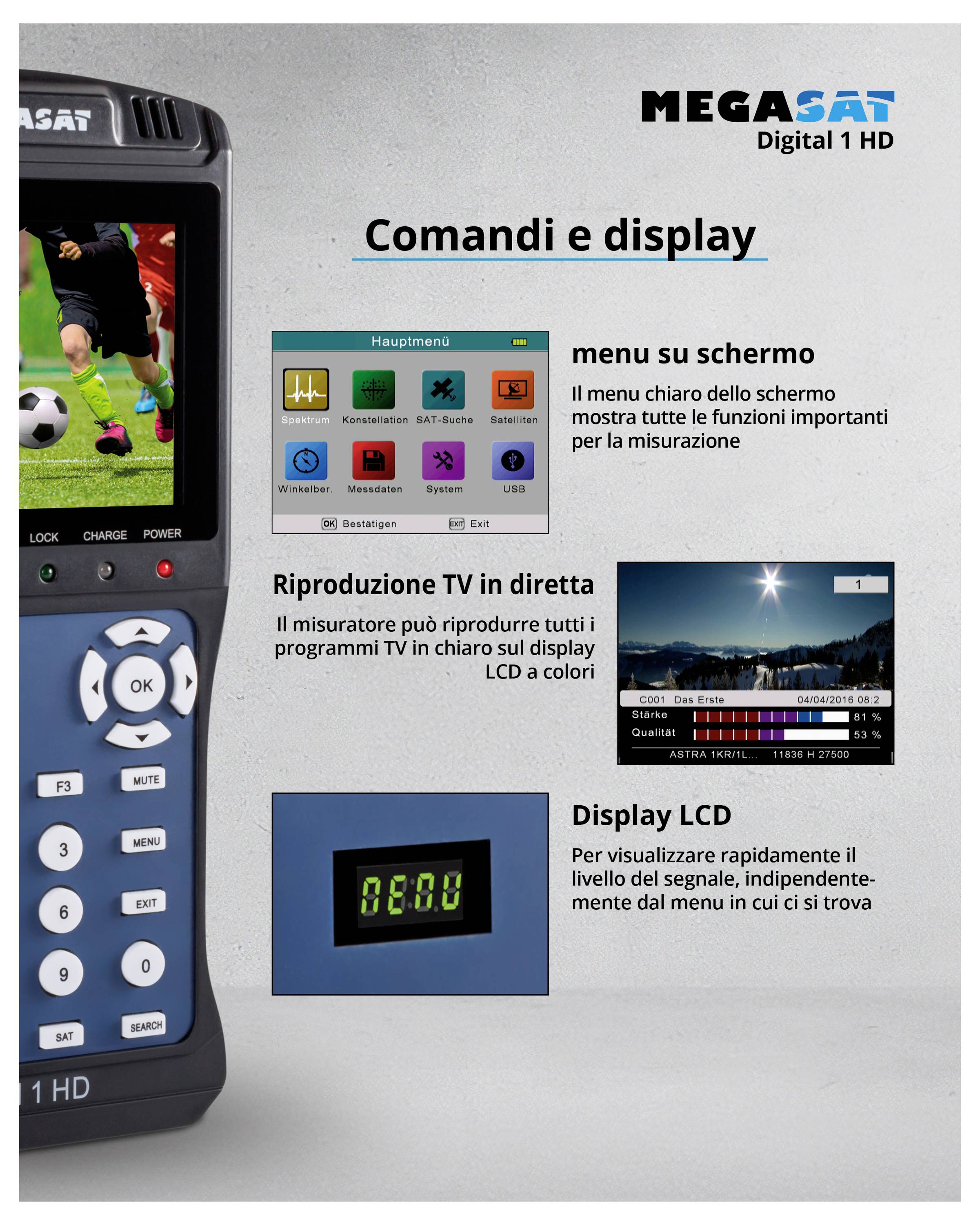 'Comandi e Display' spiega il menu a schermo, la riproduzione della TV in diretta e il display LCD su un dispositivo MegaSat Digital 1 HD.