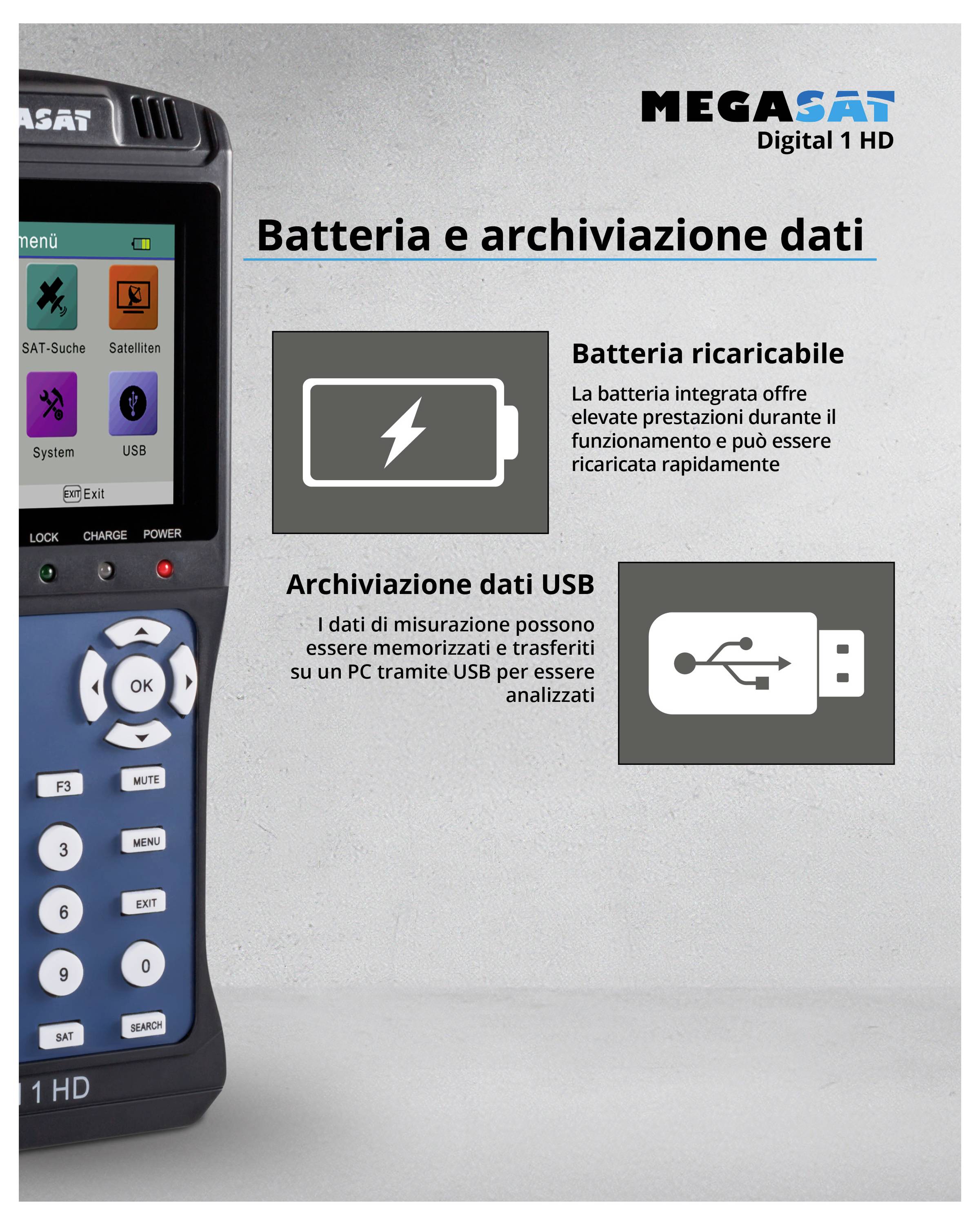 'Batteria e Archiviazione Dati': Immagine di un dispositivo portatile con display; indicazioni che la batteria integrata è ad alte prestazioni e i dati sono archiviabili tramite USB.