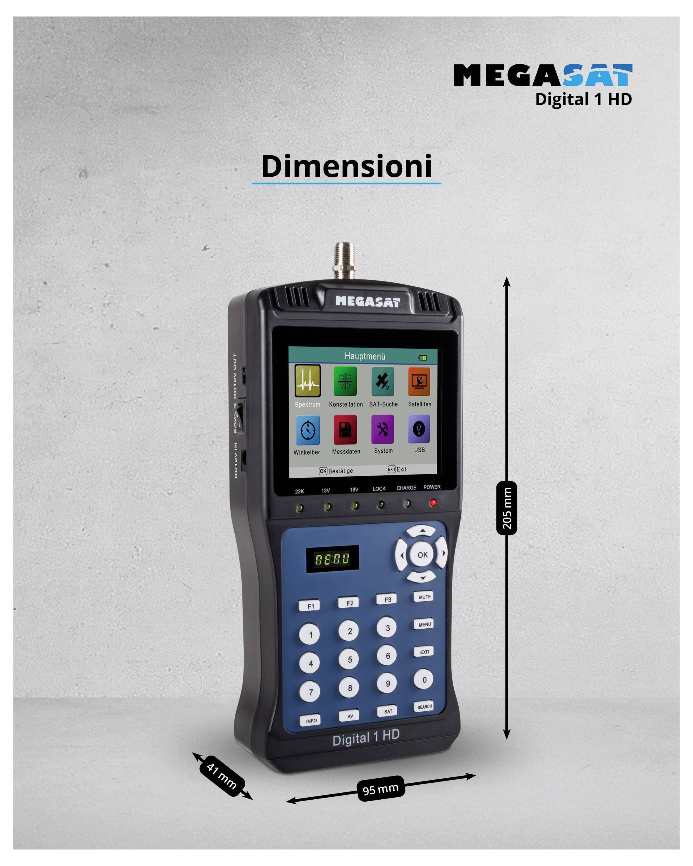 Voce di un dispositivo di misurazione Megasat Digital 1 HD. Lato sinistro mostra l'apparecchio frontalmente con display e tastiera. Dimensioni: 200 mm di altezza, 95 mm di larghezza, 47 mm di profondità.