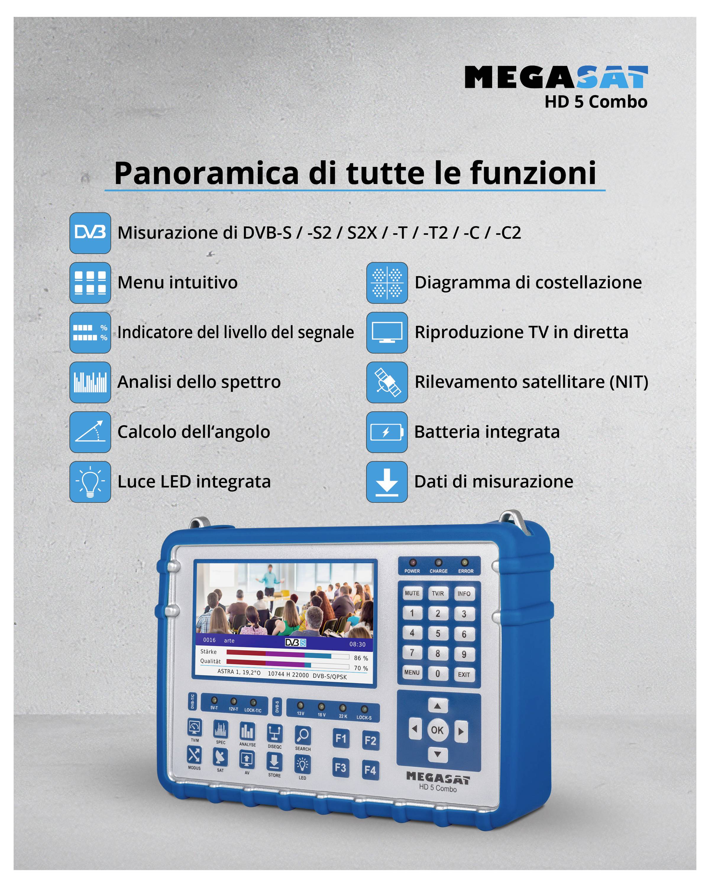 'Pubblicità per MEGASAT HD 5 Combo con funzioni come misurazione DVB-S/T/C, analisi dello spettro, diagramma di costellazione e riconoscimento satellitare.'