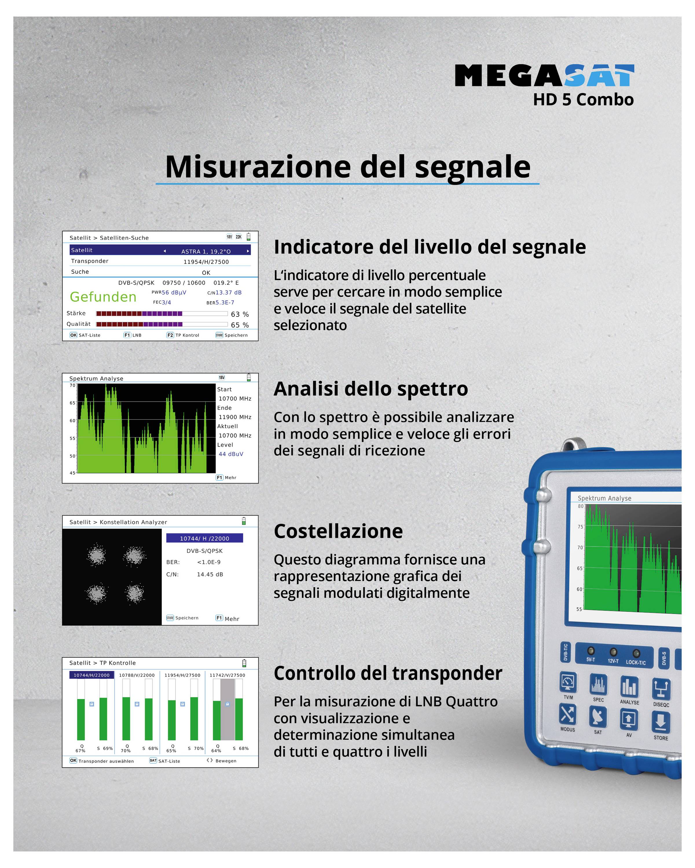 'Visualizzazione del livello del segnale, analisi dello spettro, costellazione e controllo del transponder su un unico dispositivo. Panoramica delle possibilità di misurazione funzionali.'