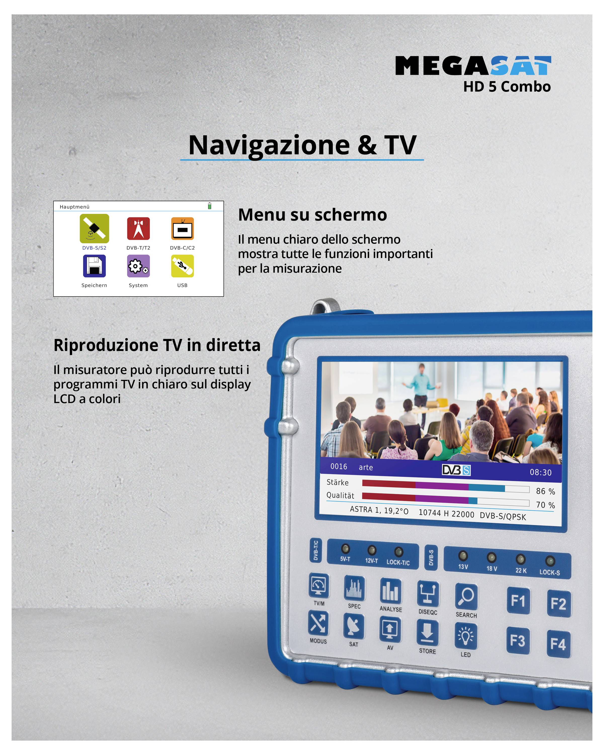 Dispositivo 'HD 5 Combo' con schermo, che mostra il programma TV con menu immagini e opzioni. Il contesto descrive la navigazione nel menu e la visualizzazione della TV.