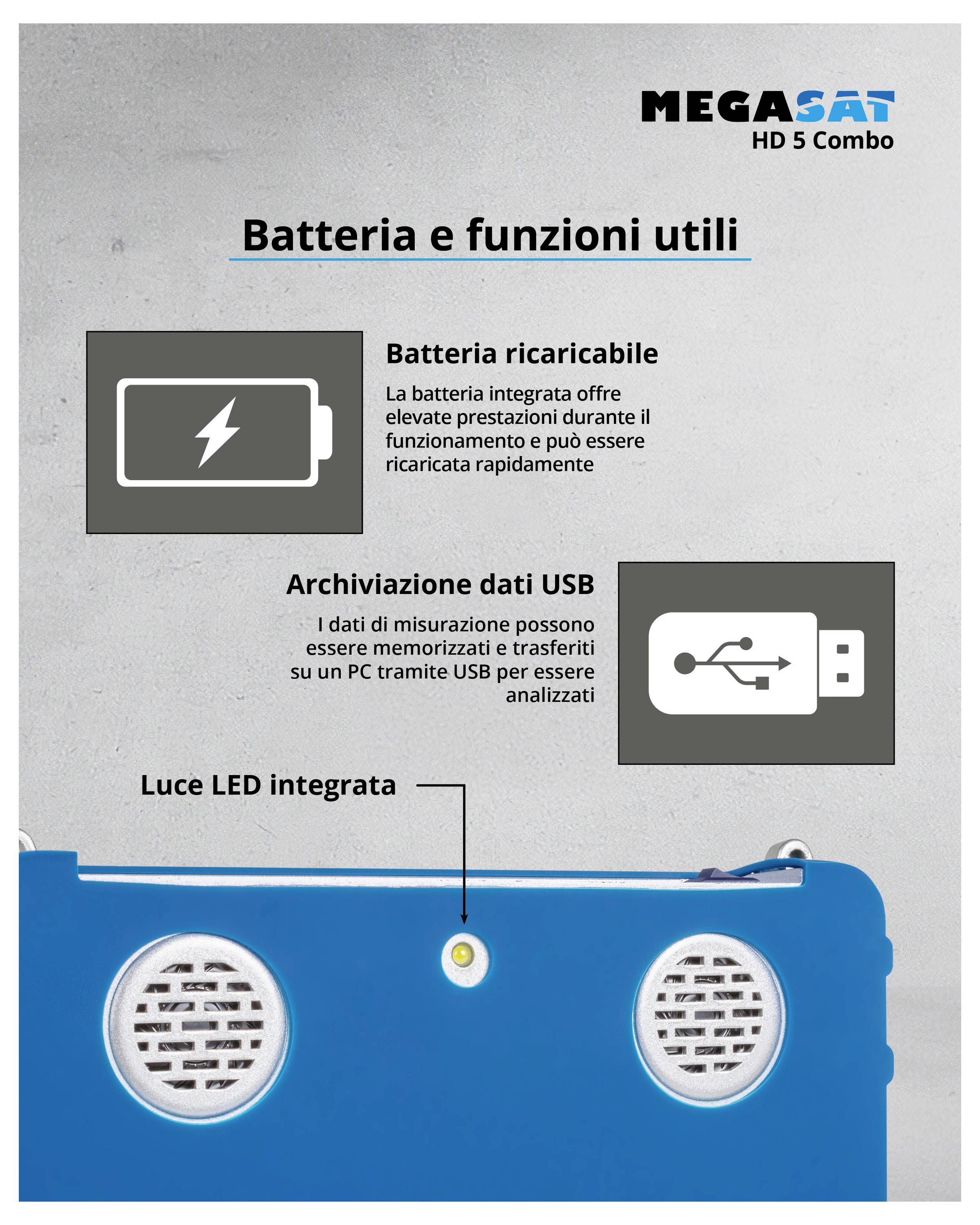Tabella informativa 'Megasat HD 5 Combo': Vengono descritte le caratteristiche della batteria e le funzioni utili. Batteria integrata, archiviazione dati USB e luce a LED sono evidenziate.
