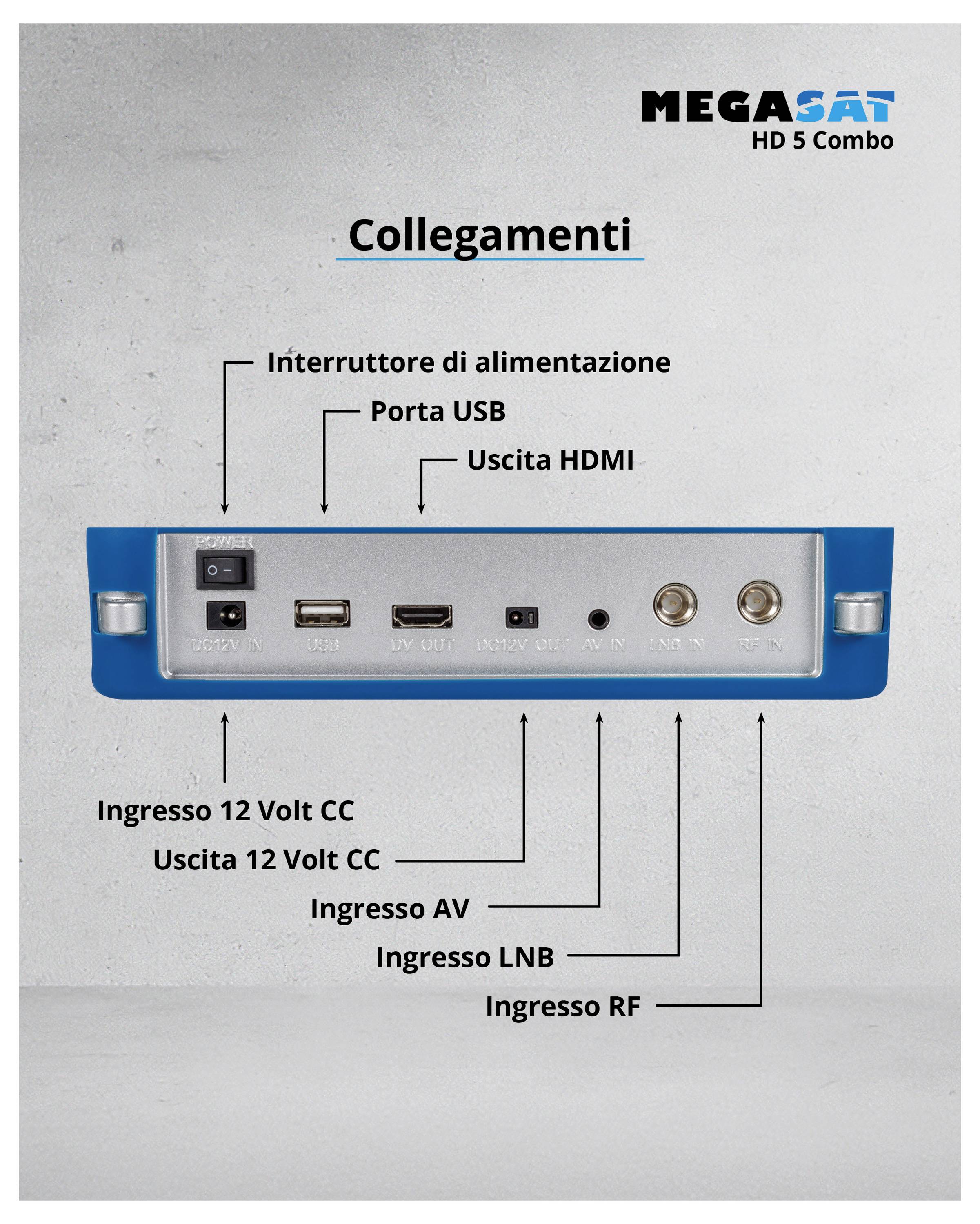 'Retro argentato di un ricevitore con connessioni: interruttore di rete, USB, uscita HDMI, ingresso/uscita 12V, AV, LNB e RF.'