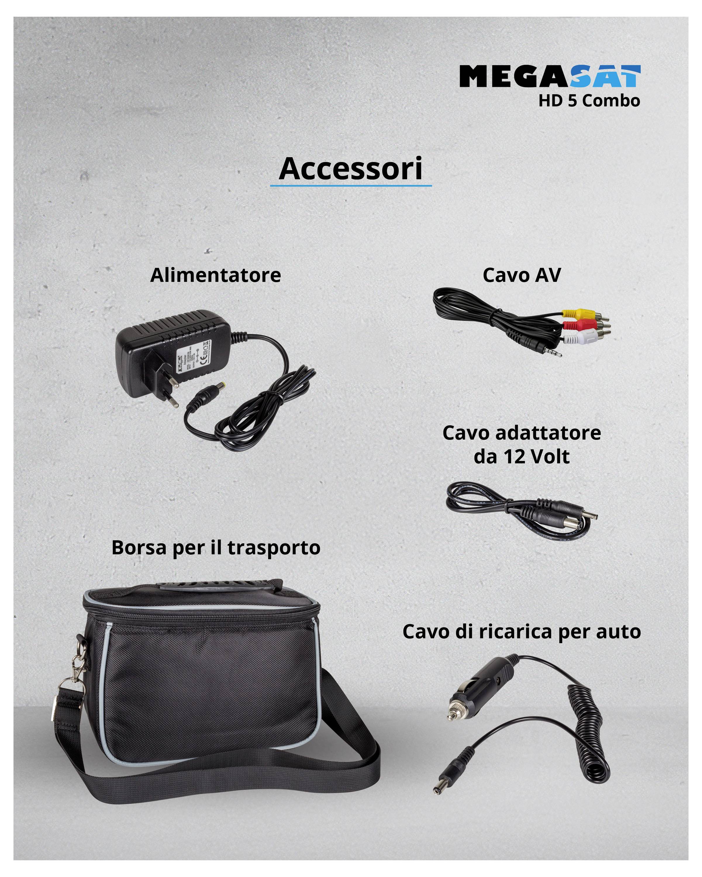 Elenco 'Accessori': Alimentatore, Cavo AV, Cavo adattatore 12 Volt, Borsa da trasporto, Cavo di ricarica per auto. Logo 'Megasat HD 5 Combo' in alto a destra.
