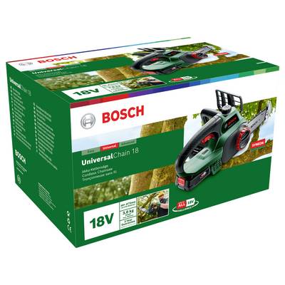 Confezione di una motosega a batteria Bosch 'UniversalChain 18V', raffigurata davanti a un albero. Il testo descrive le caratteristiche degli strumenti.