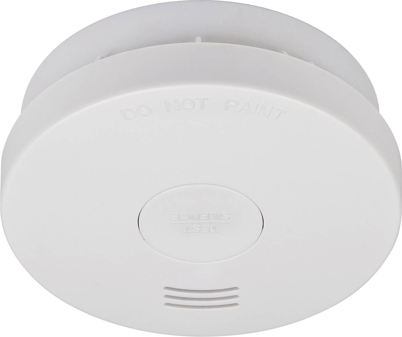 Rilevatore di fumo rotondo bianco con pulsante di prova centrale e fessure di ventilazione, contrassegnato con "NON DIPINGERE".