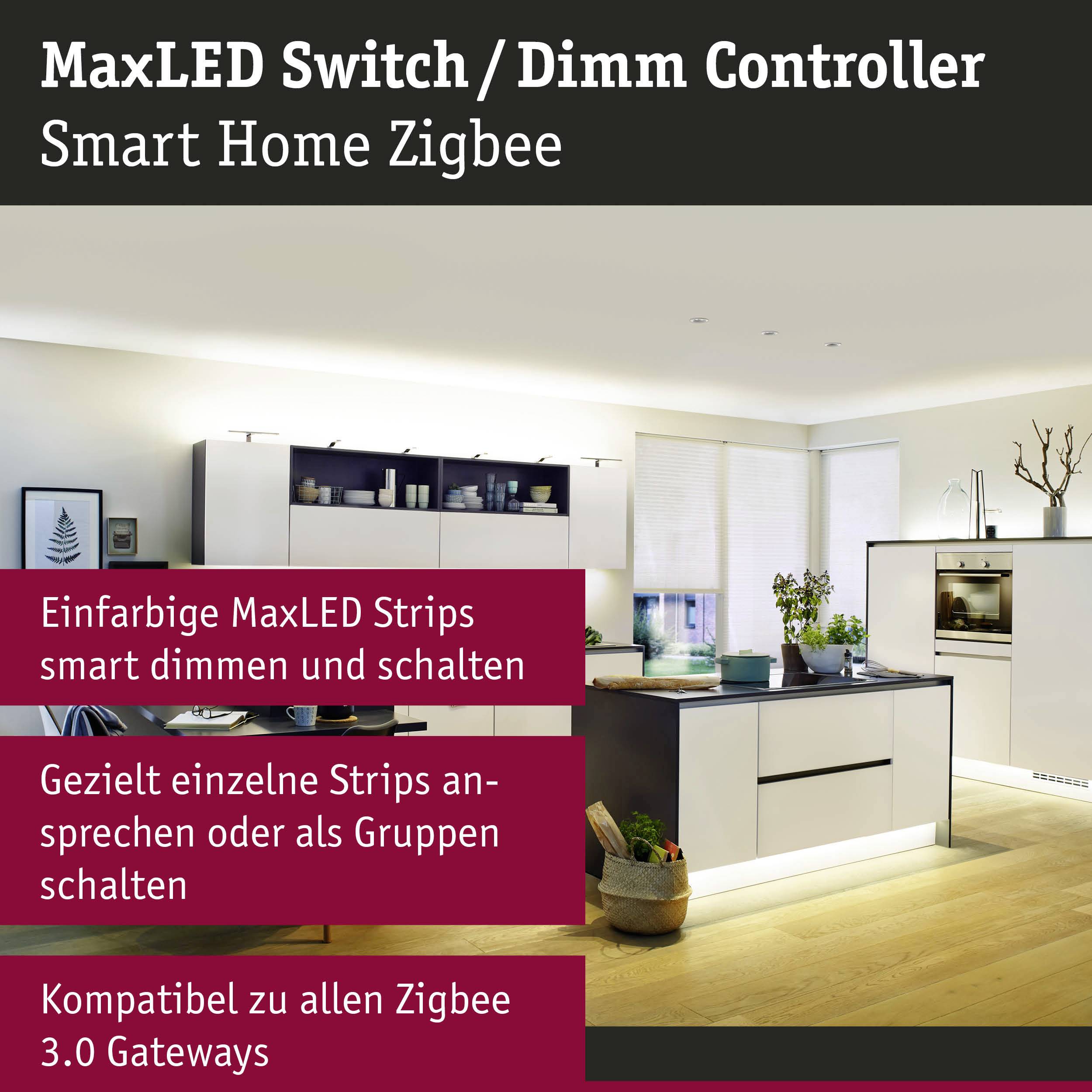 'Controllore MaxLED Switch/Dimm' per controllo domotico Zigbee intelligente. Funzioni principali: regolazione dell'intensità e controllo delle strisce LED. Compatibile con Zigbee.