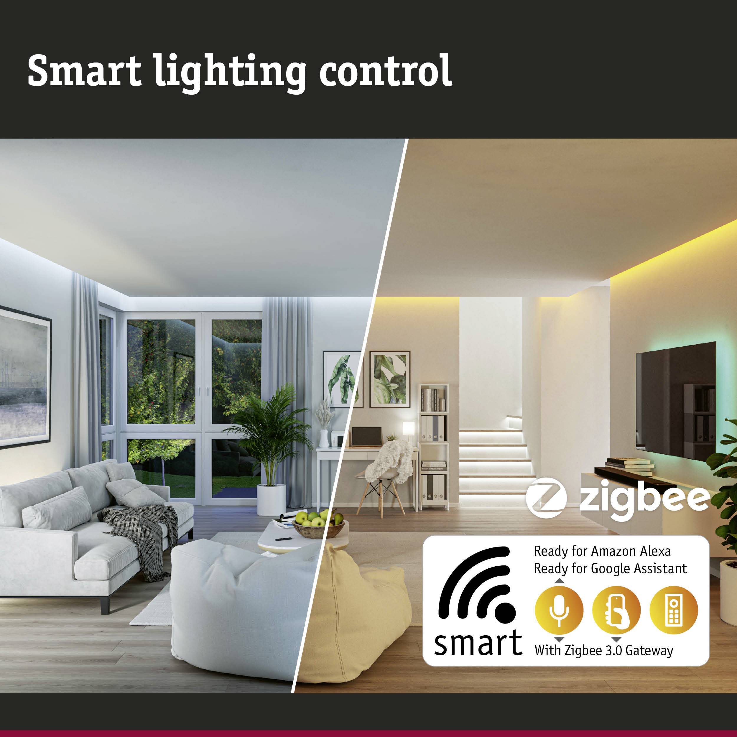 Due scene di un soggiorno: a sinistra illuminato luminosamente, a destra con luce soffusa. Testo: 'Controllo intelligente dell'illuminazione', compatibile con Amazon Alexa, Google Assistant, Zigbee.