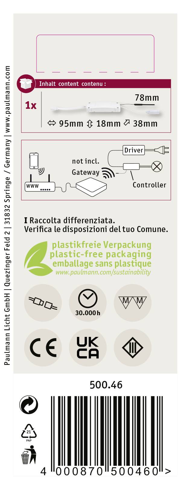 Etichetta di una lampada con indicazioni: 'Contenuto: 1x 78mm'. Simboli per il riciclaggio e le certificazioni. Testo in più lingue sulla confezione.