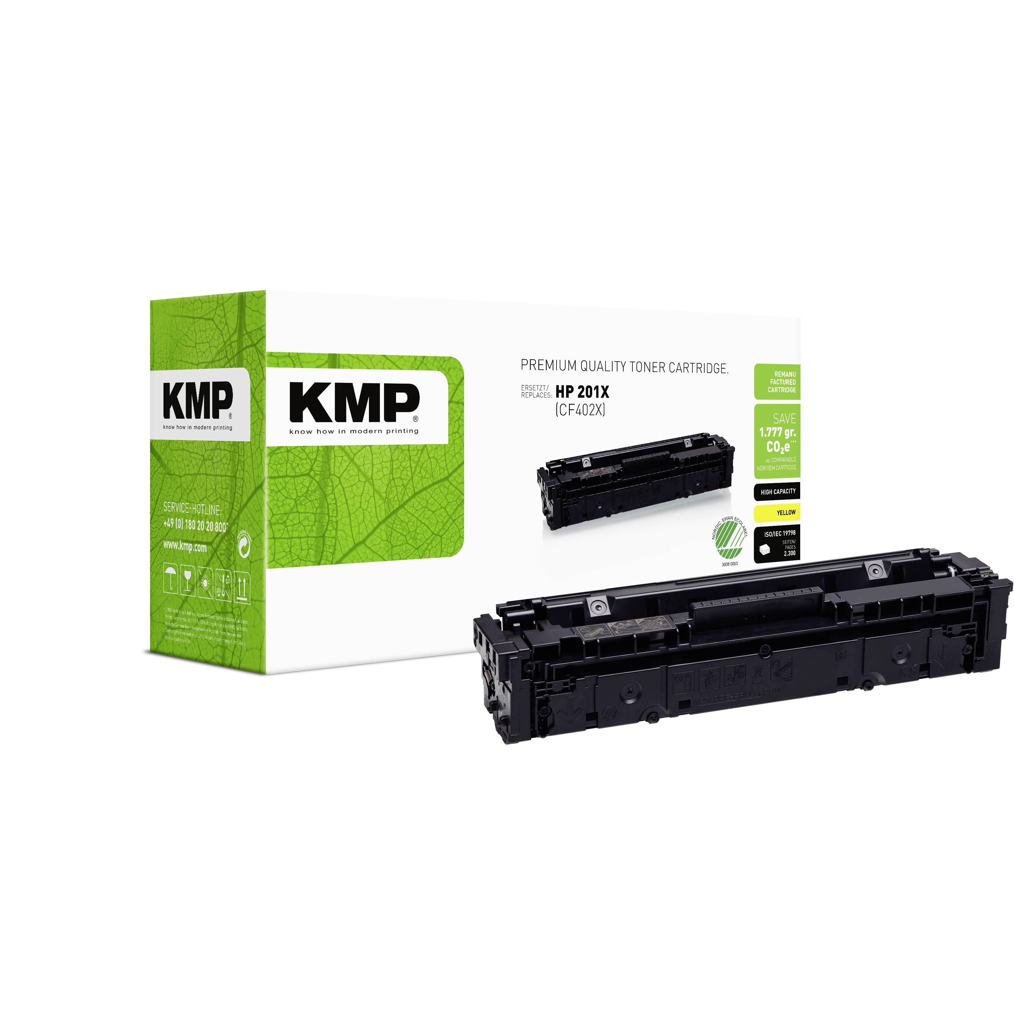 Scatola di cartuccia di toner di qualità premium KMP e cartuccia di toner per stampante nera per HP 201X (CF402X), mostrata su sfondo bianco.