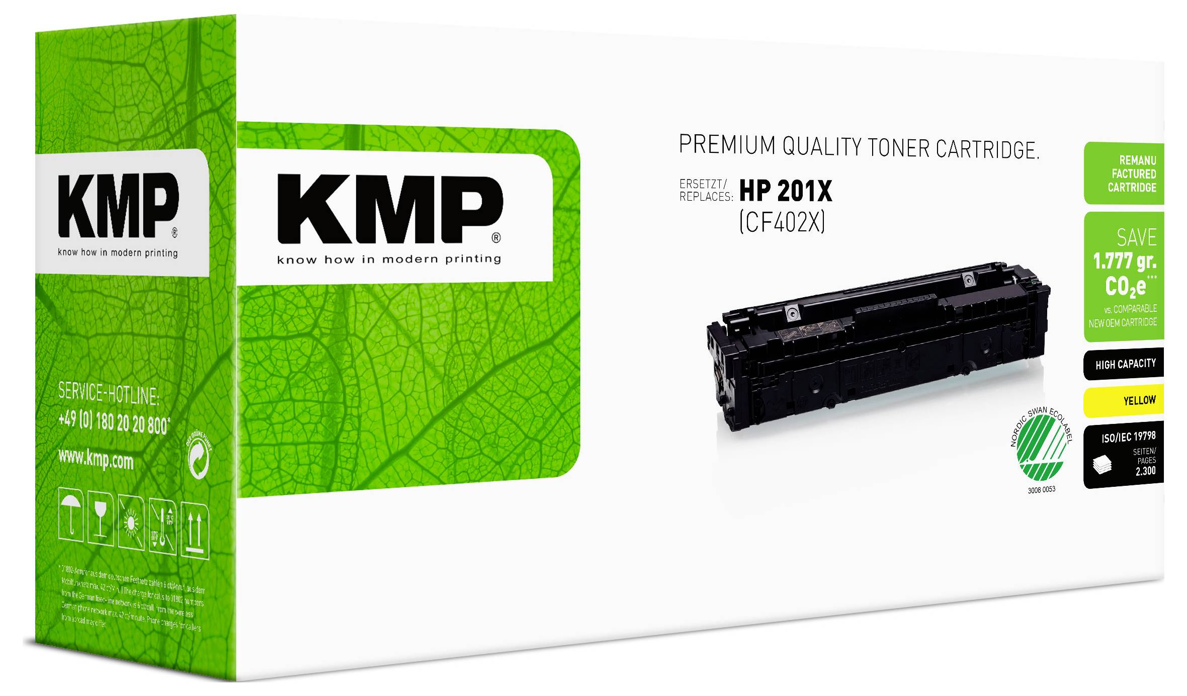 Scatola di cartuccia toner di qualità premium KMP per HP 201X (CF402X), mostrata sul confezionamento del prodotto con immagine della cartuccia nera e dettagli di compatibilità.