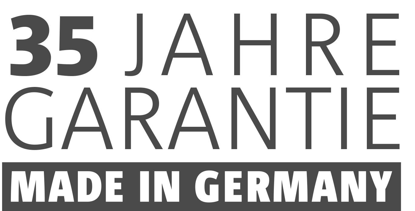 '35 anni di garanzia, Made in Germany' in grandi lettere evidenziate.