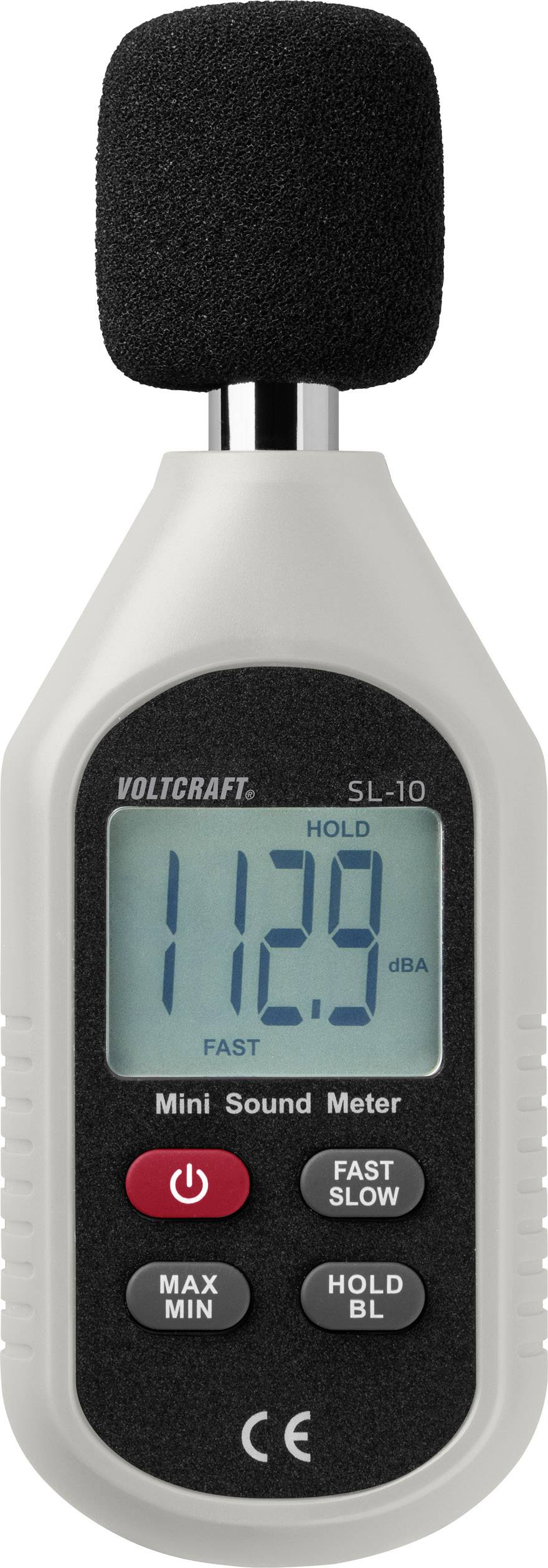 Misuratore di livello sonoro con display digitale che mostra '112,9 dBA'. Tre tasti sotto: 'MAX MIN', 'FAST SLOW', 'HOLD BL'.