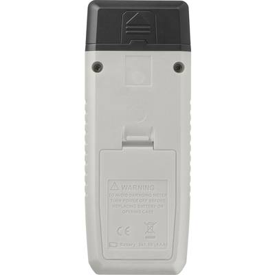 Un dispositivo manuale grigio con parte superiore nera. Sul retro è presente un avvertimento che consiglia di rimuovere la batteria prima di aprire l'alloggiamento.