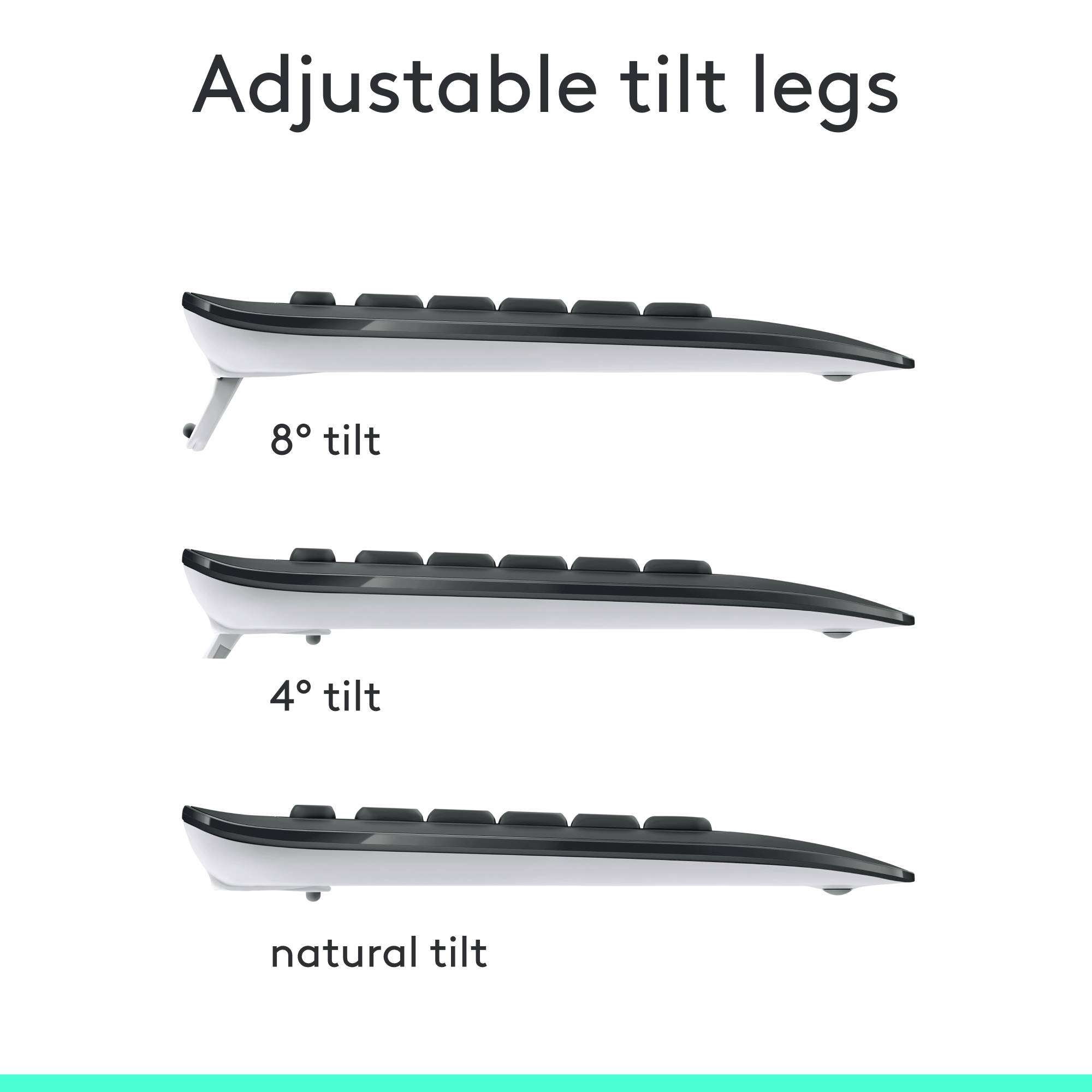 'Tre viste laterali di una tastiera con inclinazioni diverse: inclinazione di 8°, inclinazione di 4° e inclinazione naturale.'