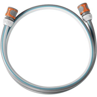 Tubo da giardino a forma circolare con accenti grigi, blu e arancioni. Ha attacchi su entrambe le estremità per un facile collegamento.