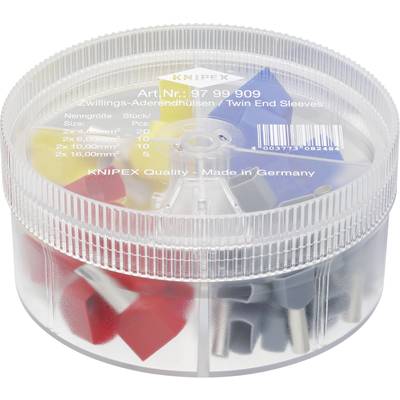 Scatola di plastica rotonda con terminali isolanti di diversi colori. Sul coperchio è scritto: 'Terminali isolanti gemellati/Twin End Sleeves'.
