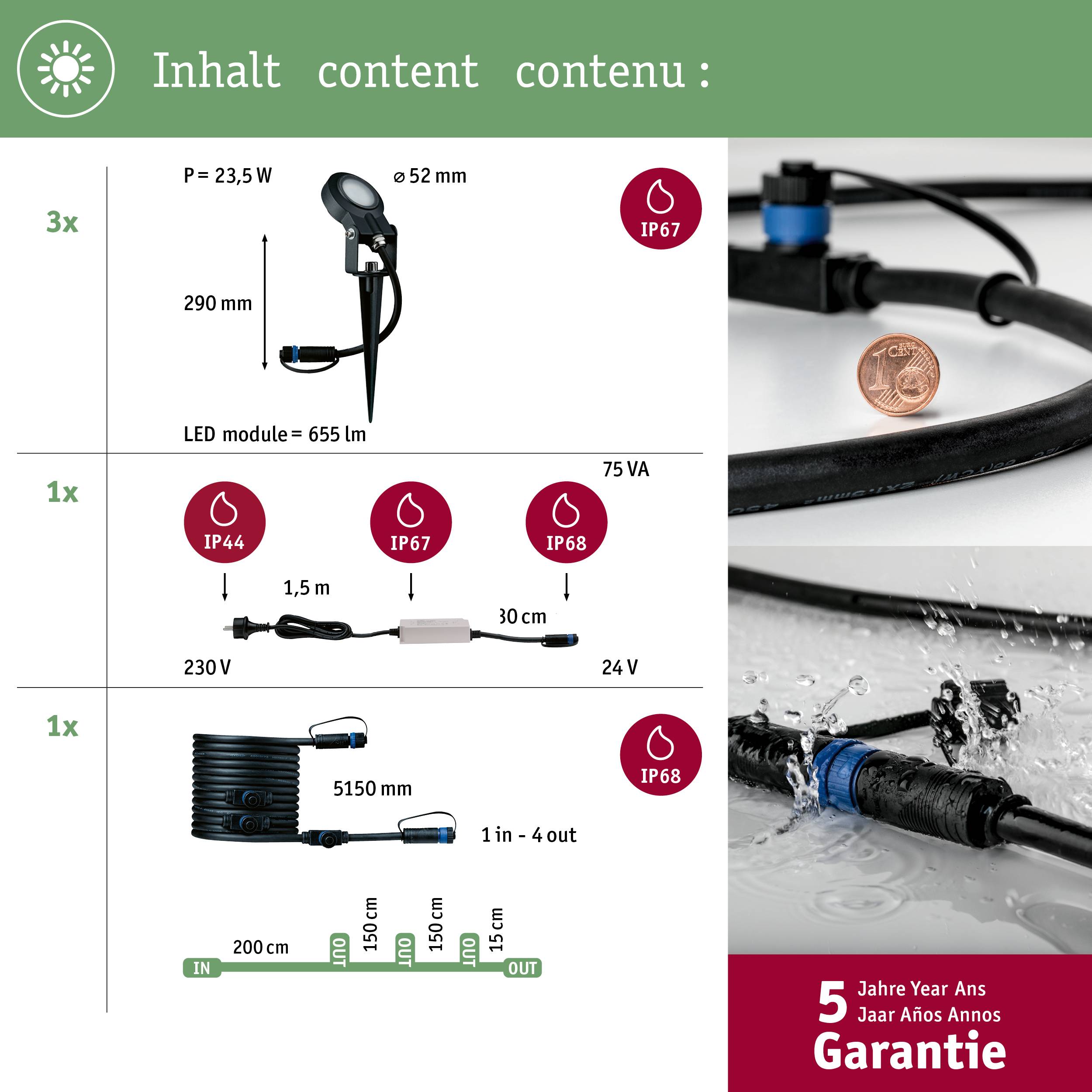 'Lampada LED con protezione IP67, 75 VA, 655 lm. Cavo di alimentazione con protezione IP68. Garanzia 5 anni. Altezza: 290 mm, diametro: 52 mm.'