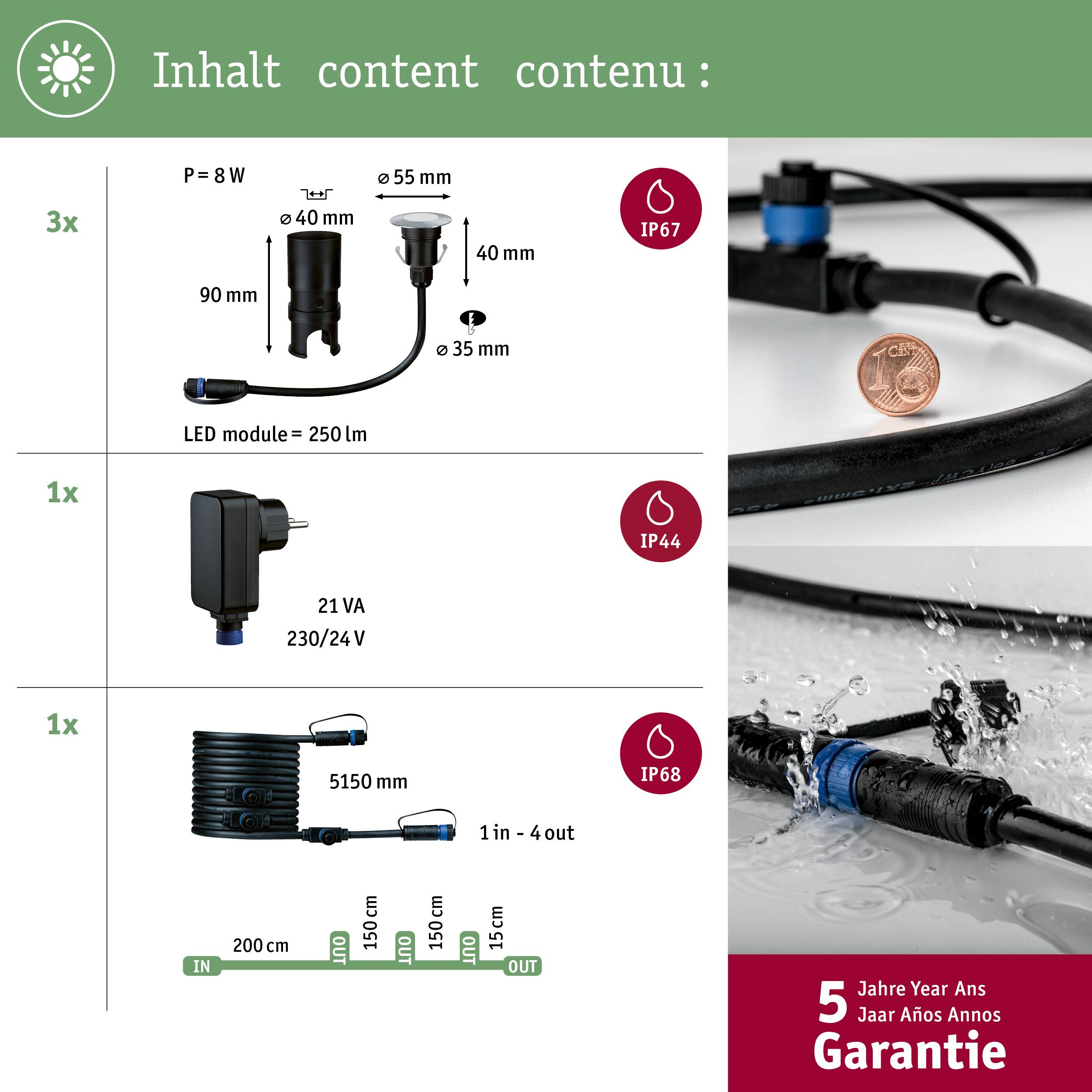 Il contenuto include 3 prodotti: Spina di alimentazione (IP67), Modulo LED (IP44), Cavo di prolunga (IP68). Garanzia di 5 anni indicata.