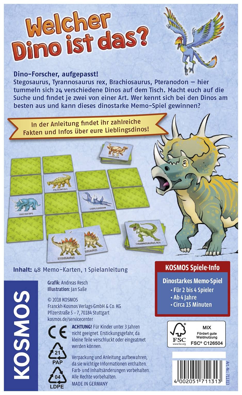 'Quale dinosauro è questo?' Un drago e un dinosauro sono davanti a una plancia da gioco. Si tratta di un gioco di memoria con carte di dinosauri. Contiene 48 carte, adatto dai 4 anni in su.