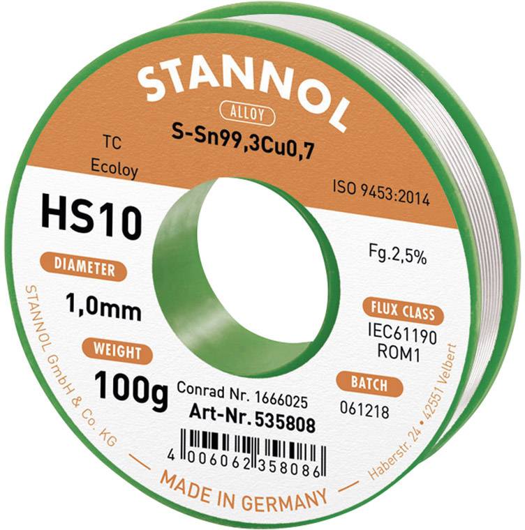 Rotolo di stagno della marca STANNOL, modello HS10, lega S-Sn99,3Cu0,7, diametro 1,0 mm, peso 100 g, "Made in Germany".