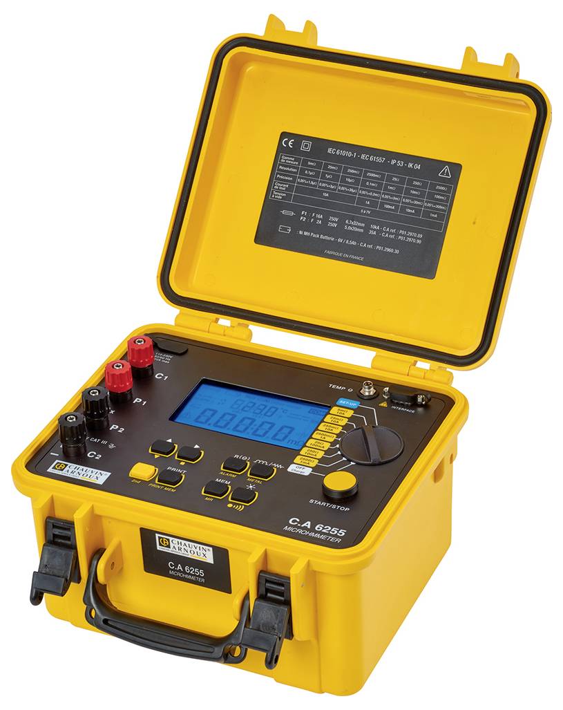 Un dispositivo di misurazione portatile giallo con un pannello di controllo nero e display digitale, aperto e pronto all'uso.