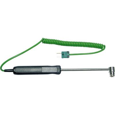 Cavo a spirale verde con un termocoppia di tipo K su un lato e una sonda metallica sull'altro lato.