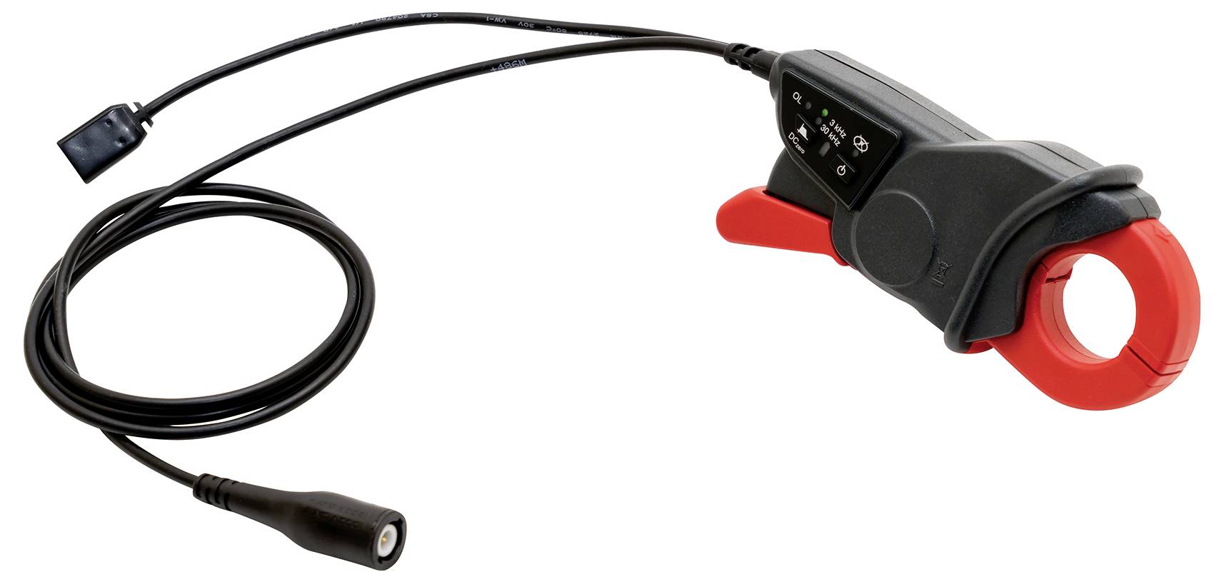 Trasformatore di corrente a pinza con meccanismo di presa rosso, un lungo cavo nero e una spina di connessione, utilizzato per misurare correnti elettriche.
