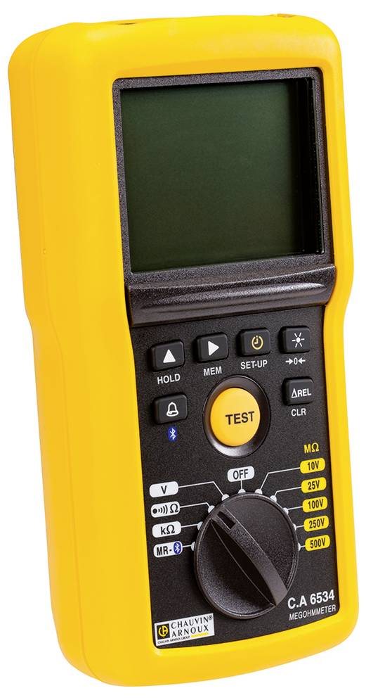 Dispositivo di misurazione digitale giallo con schermo e comandi, tra cui un grande selettore rotativo per la selezione della tensione di test.