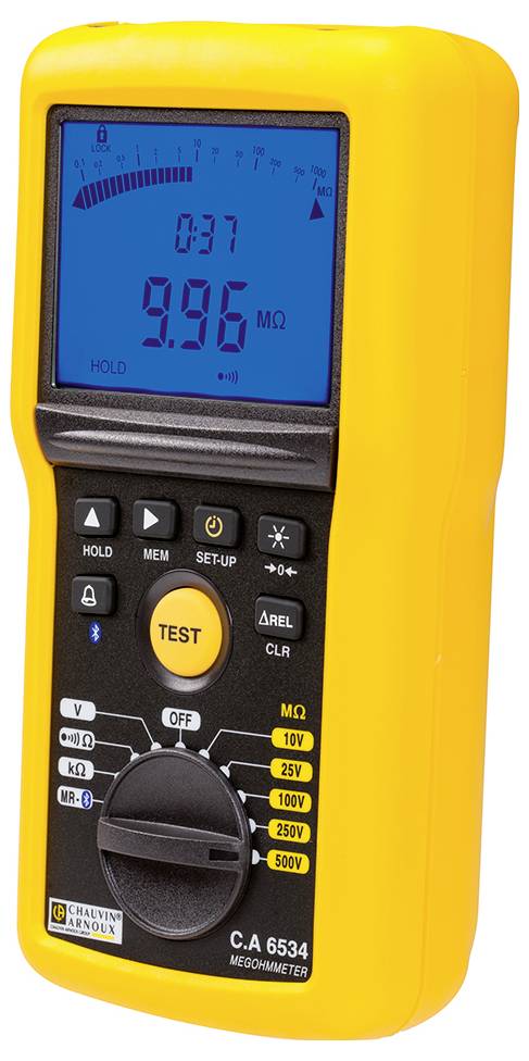 Un misuratore di isolamento digitale giallo con display blu mostra '9,96 MΩ', con diversi tasti di controllo sotto, marchio visibile.