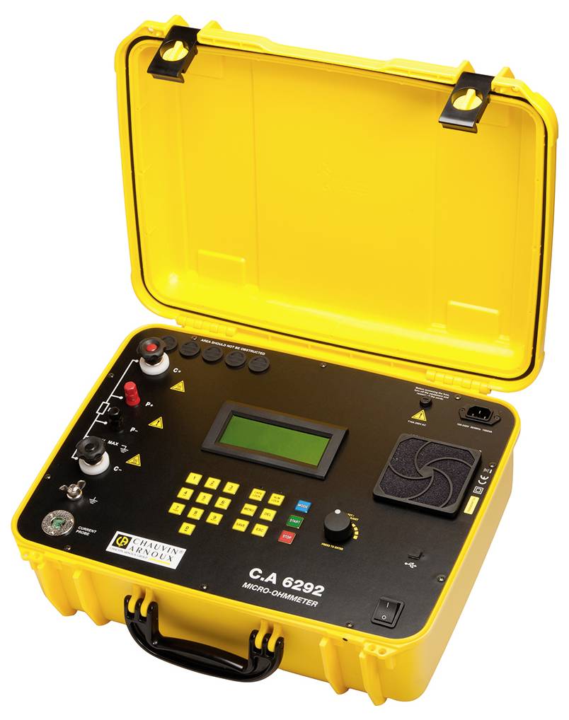 Dispositivo elettronico portatile giallo con coperchio aperto, dotato di display, tasti e connessioni. Numero modello 'C.A 6292'.