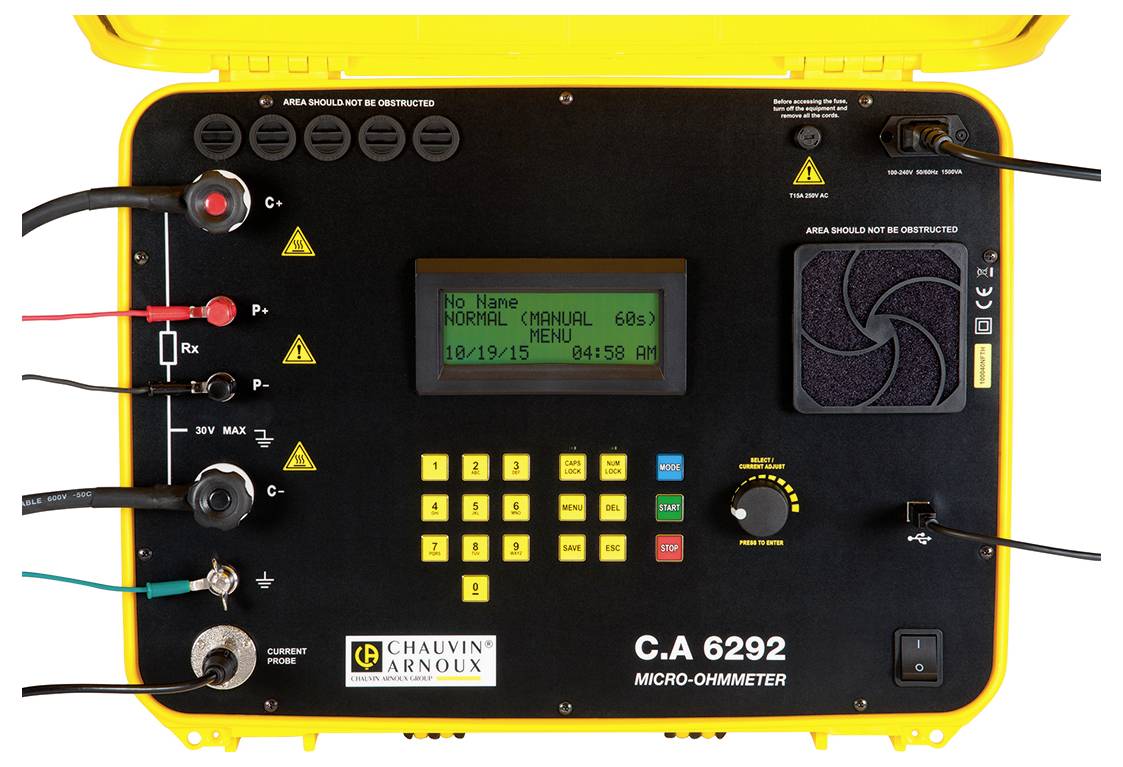 Microohmetro giallo con cavi di misura. Display che mostra: 'No Name', 'NORMALE (MANUALE)', data e ora. Marca: Chauvin Arnoux, Modello: C.A 6292.