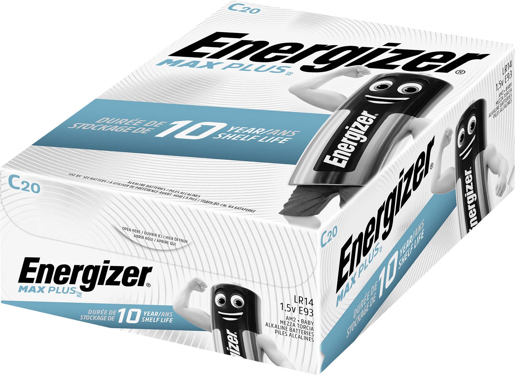 Confezione di Energizer Max Plus con mascotte, indica una durata di 10 anni. Contiene 20 batterie formato C.