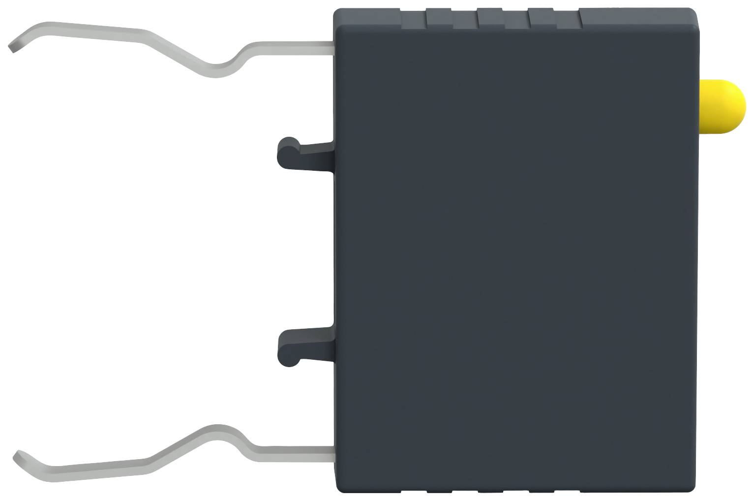 Componente elettronica nera con due fili di connessione argentati a sinistra e un pulsante giallo a destra, vista laterale.