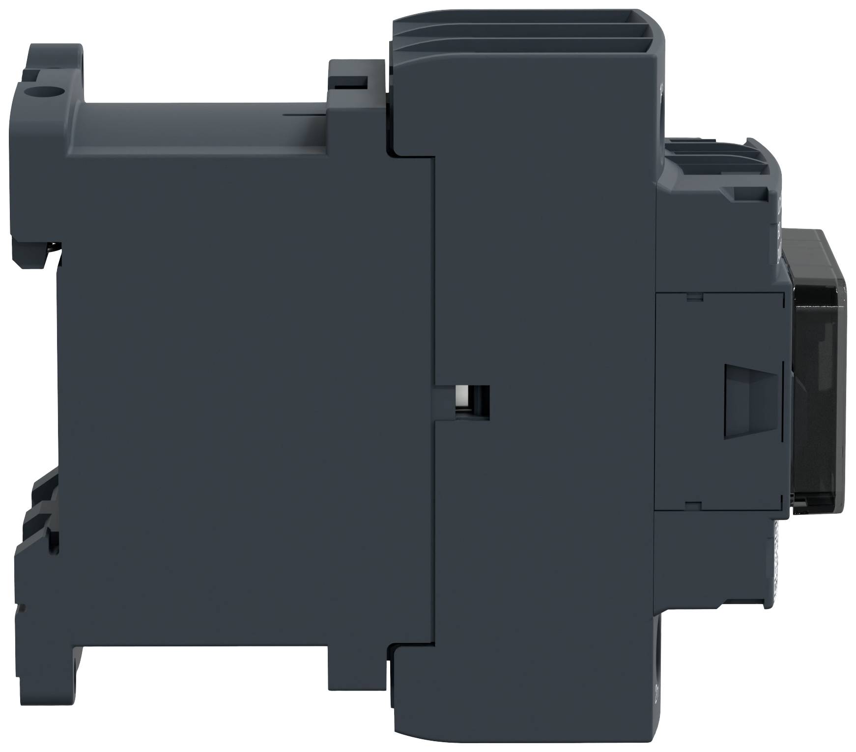 Un interruttore elettrico nero di potenza in vista laterale, installato in un quadro elettrico o in un impianto elettrico.