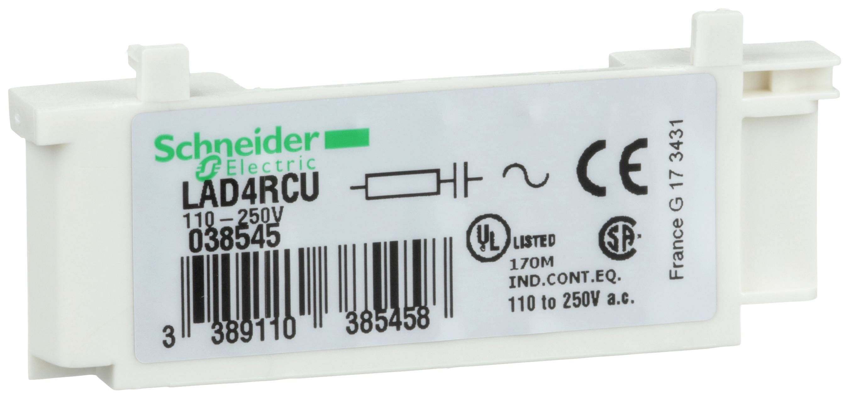 'Componente etichettata di Schneider Electric per 110-250V, modello LAD4RCU, con codice a barre e simboli tecnici.'