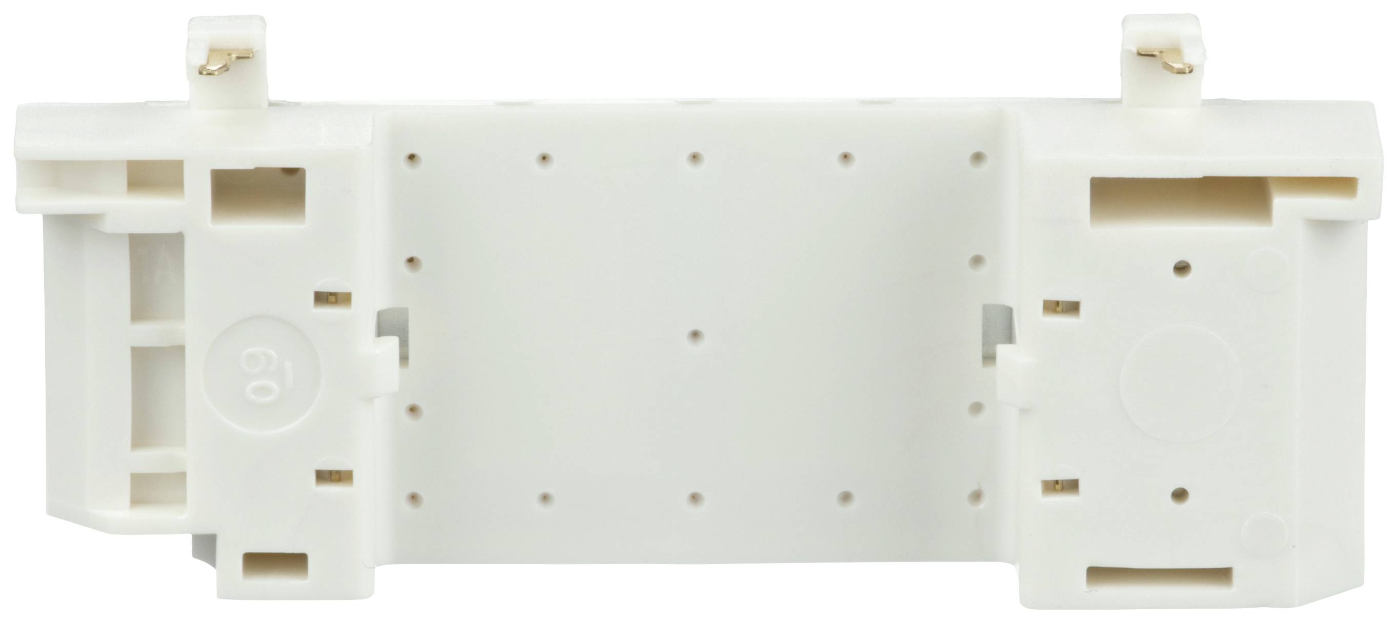 Involucro in plastica per componenti elettronici, bianco, rettangolare con multiple aperture e punti di fissaggio.